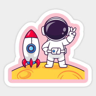 Cute Astronaut Peace On Moon With Rocket Cartoon Sticker